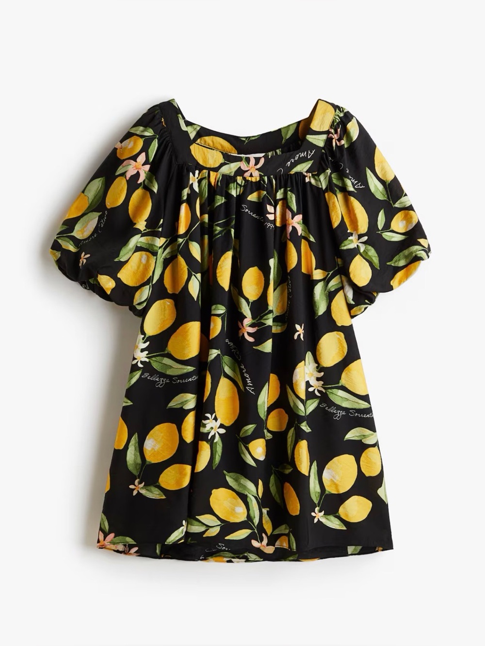 NWT H&M Black Lemon Print Babydoll Mini Dress SZ XXS Runs Large Tropical Vacay